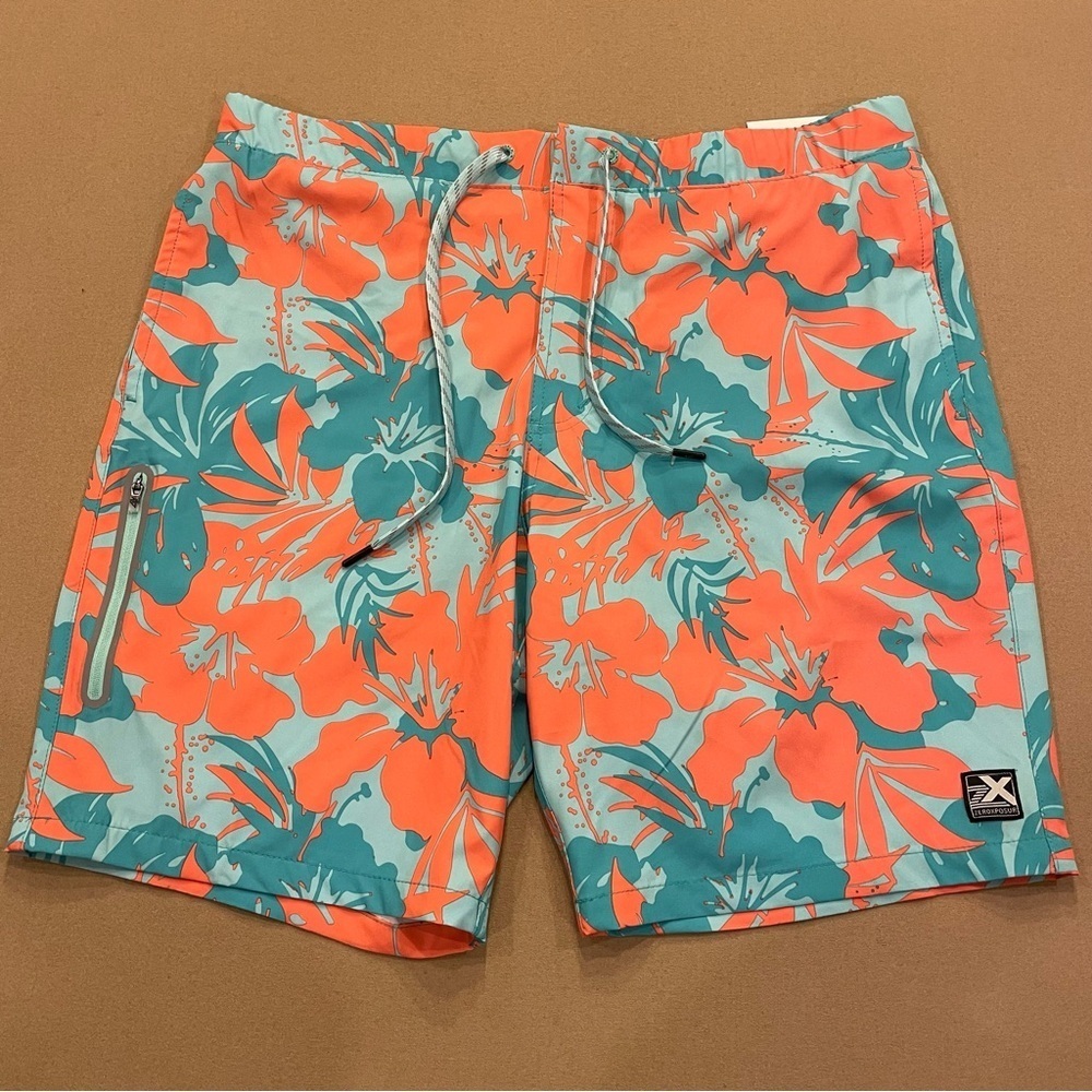 ZeroXposur Men’s Lined Swim Trunks Orange and Blue Tropical Print Large New!